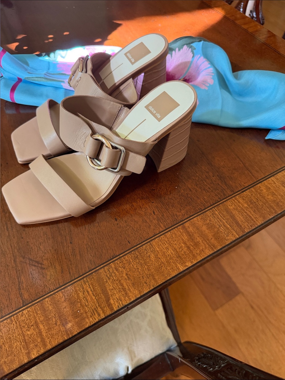 Dolce Vita taupe block-heel slide mules with gold buckle